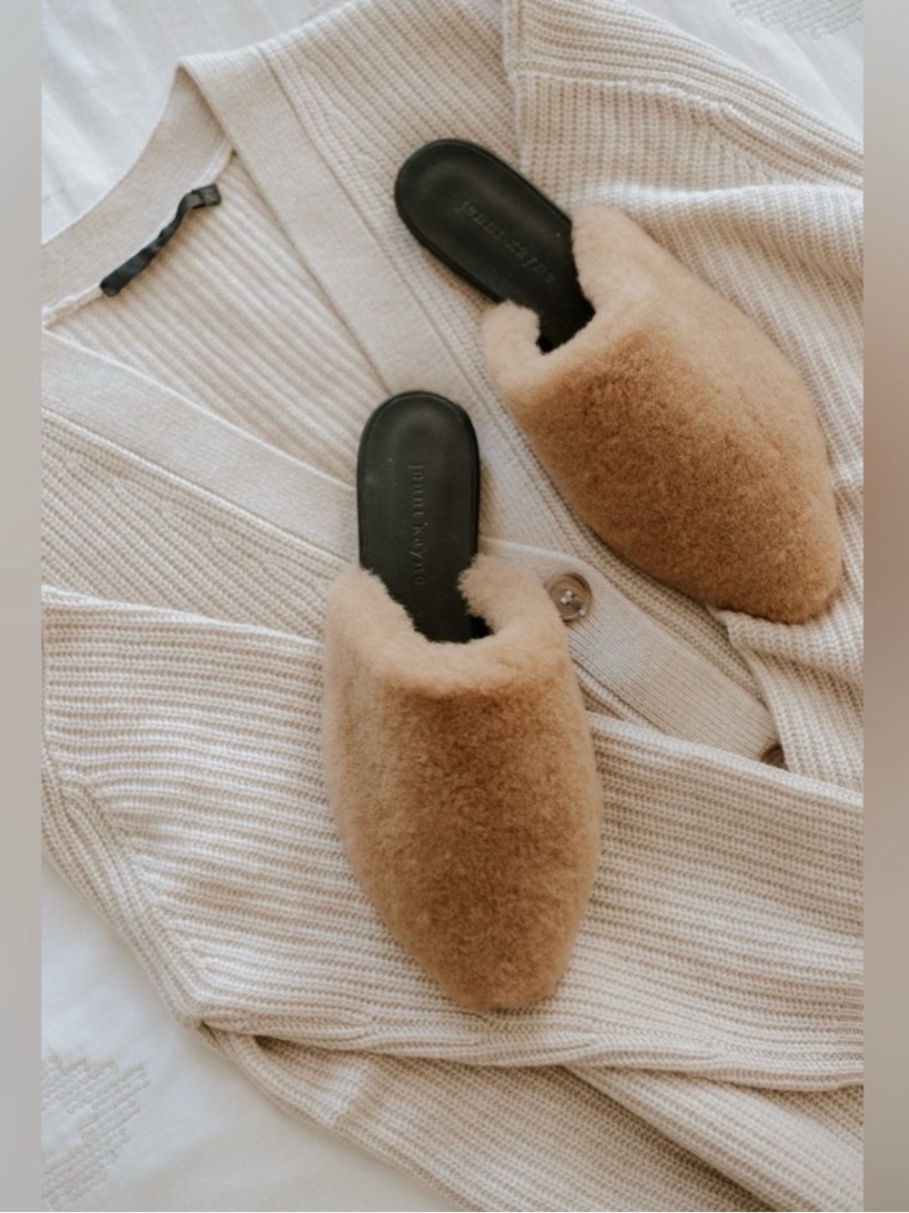 Jenni Kayne Shearling Mule Slippers Camel Brown Size 38 Minimalist Cottagecore
